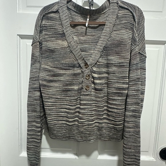 Free People Marble Ribbed Button Sweater Mercury Henley Space Dye Black Small - Picture 2 of 4